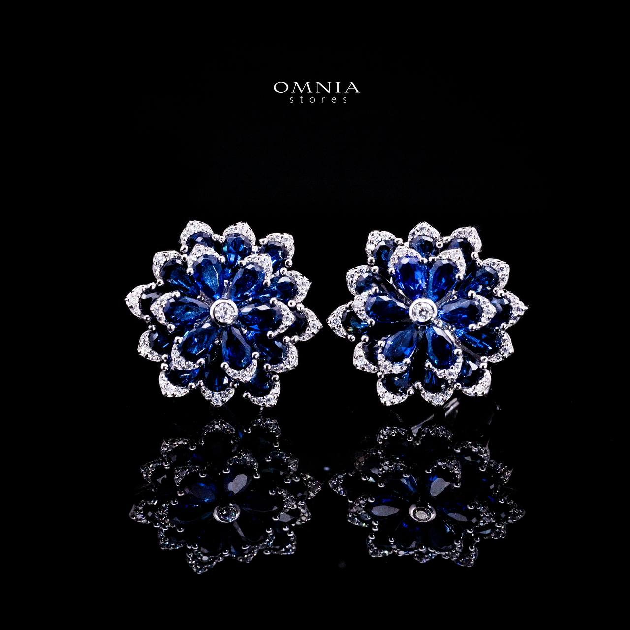 Omnia Damiyah Royal Blue Floral Silver Clip Earrings in 925 Silver with High Quality Simulated Diamonds - OMNIASTORES UAE