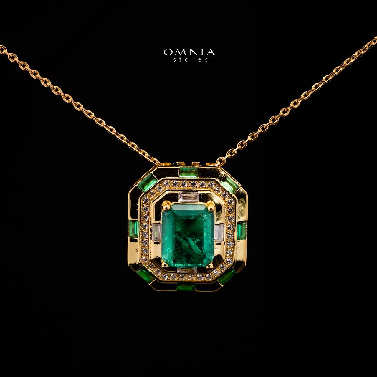 Omnia Zyra Emerald Green Golden Pendant Necklace in 925 Silver with High Quality Simulated Diamonds - OMNIASTORES UAE