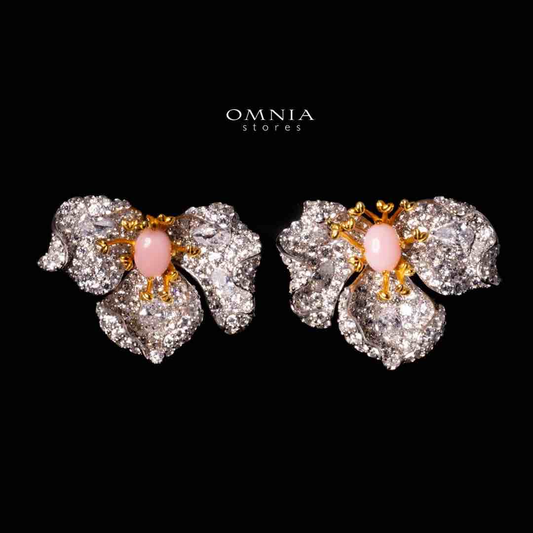Omnia Fiora Pink Coral Flower Silver Clip Earrings in 925 Silver High Quality White Simulated Diamond Stones - OMNIASTORES UAE