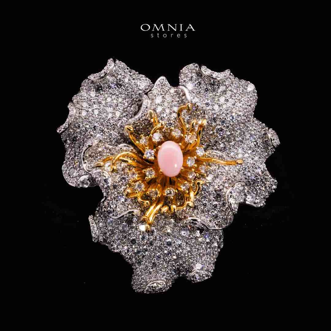 Omnia Fiora Pink Coral Flower Silver Brooch in 925 Silver High Quality White Simulated Diamond Stones - OMNIASTORES UAE