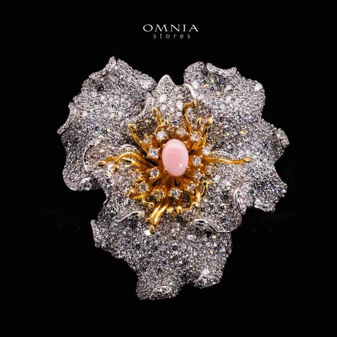 Omnia Fiora Pink Coral Flower Silver Brooch in 925 Silver High Quality White Simulated Diamond Stones - OMNIASTORES UAE
