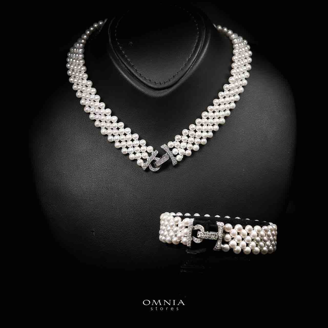 Omnia Alice Fresh Water Pearl Necklace and Bracelet Set with 925 Silver High Quality Simulated Diamonds Stones