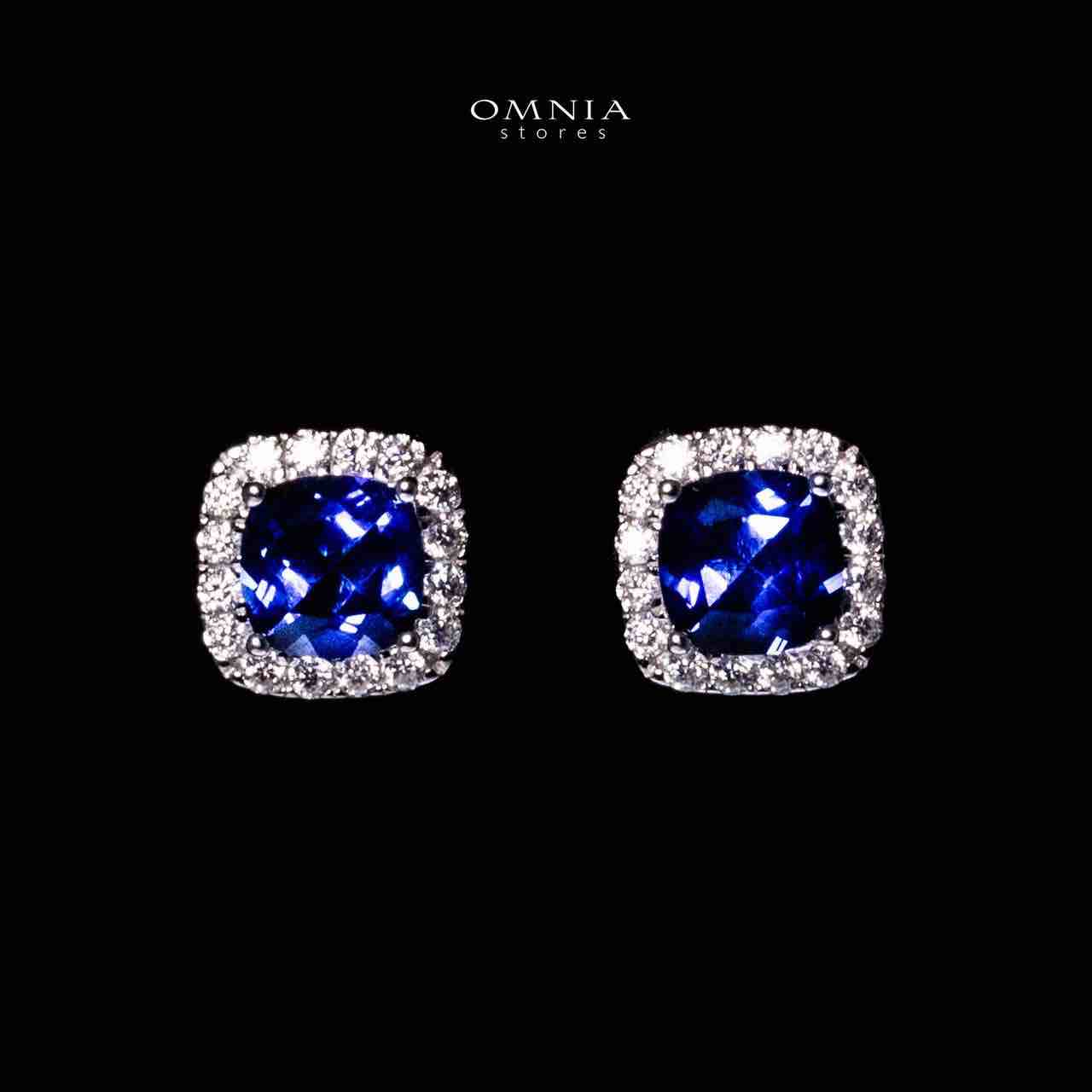 Omnia Dareema Silver Square Stud Earrings 925 Silver in GRC Certifited High Quality Sapphire Blue Lab Grown Stones