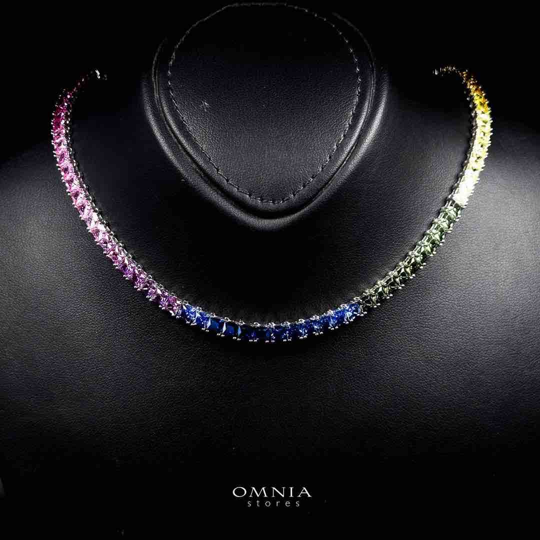 Omnia Zaha Rainbow Silver Tennis Necklace in 925 Silver With GRC Certifited High Quality Sapphire Lab Grown Stones