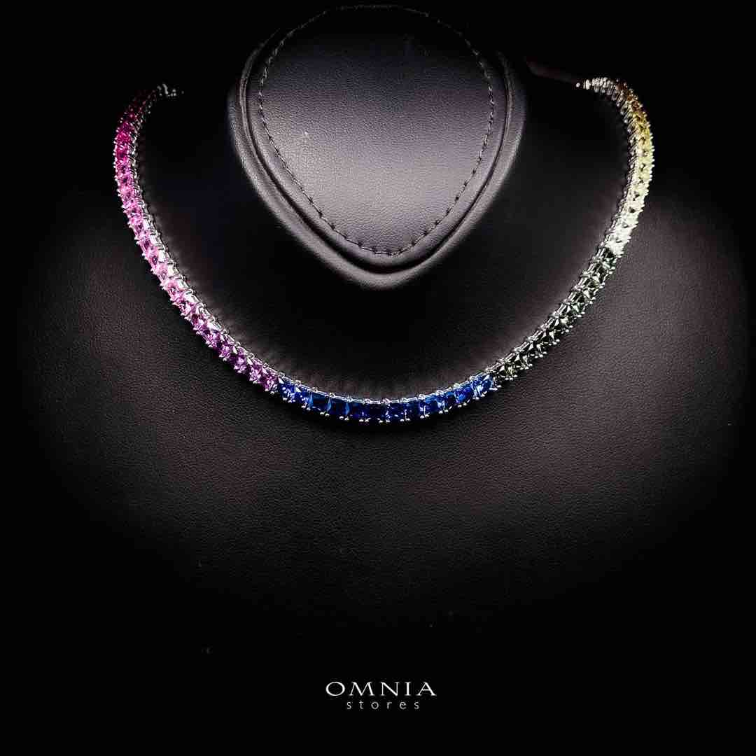 Omnia Zaha Rainbow Silver Tennis Necklace in 925 Silver With GRC Certifited High Quality Sapphire Lab Grown Stones