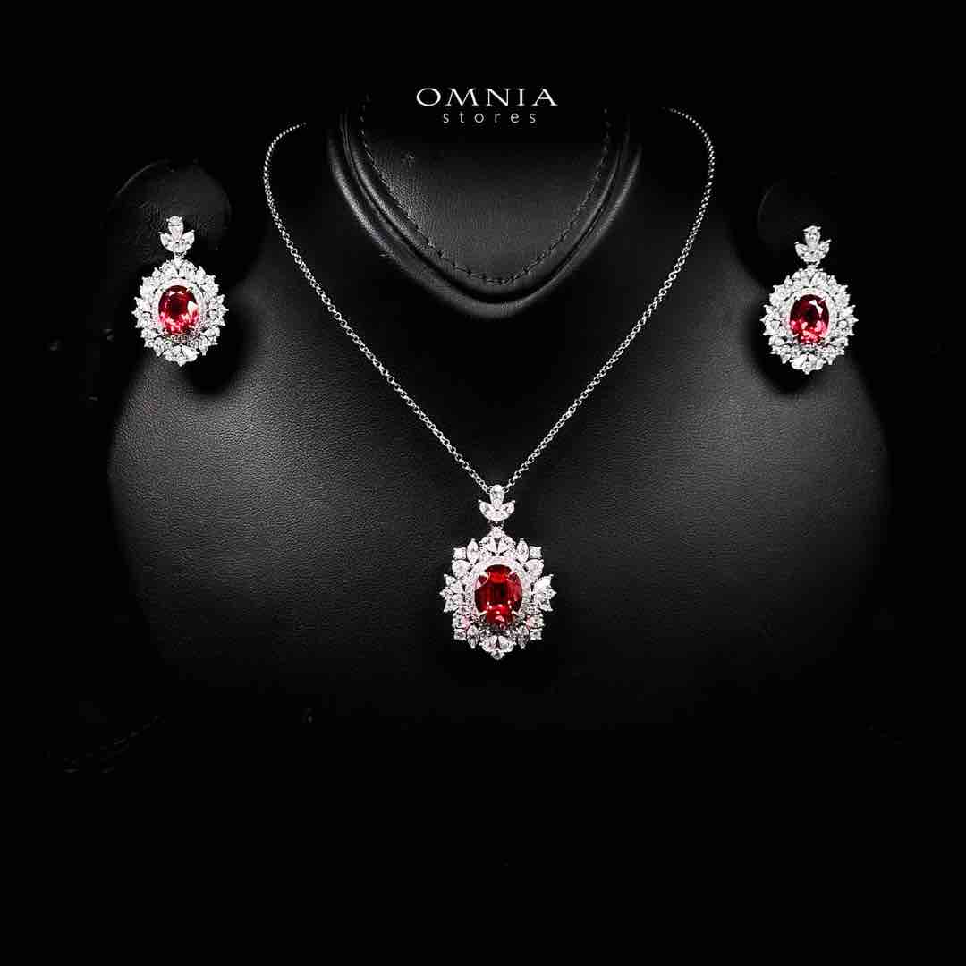 Omnia Esma Silver Necklace and Earrings Set in 925 Silver With High Quality GRC Certified Ruby Red Lab Grown Stones