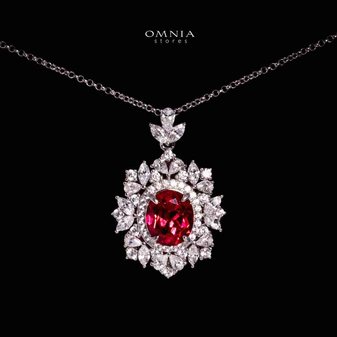 Omnia Esma Silver Necklace and Earrings Set in 925 Silver With High Quality GRC Certified Ruby Red Lab Grown Stones