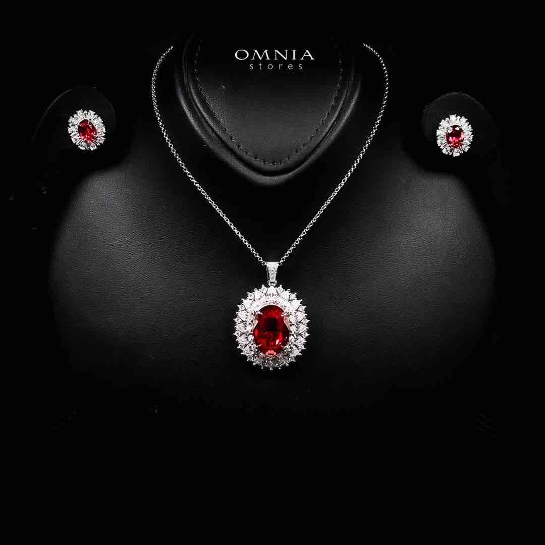Omnia Alima Silver Necklace and Earrings Set in 925 Silver With High Quality GRC Certified Ruby Red Lab Grown Stones
