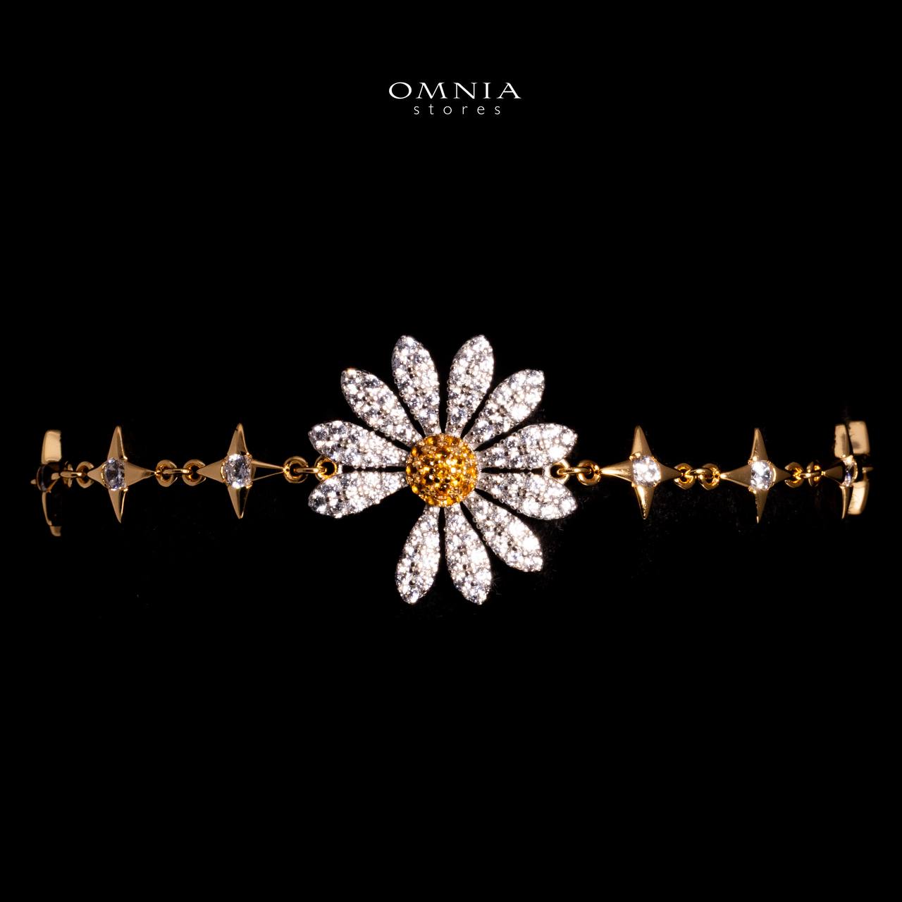Omnia Mahira Gold Floral Bracelet In 925 Silver With High Quality Lab Crafted Stones