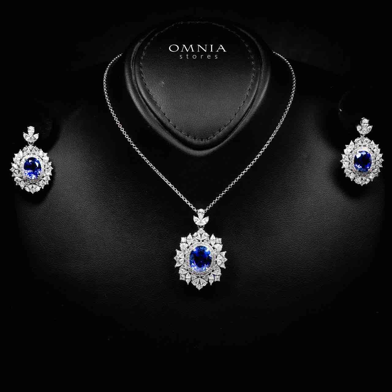 Omnia Esma Silver Necklace and Earrings Set in 925 Silver With High Quality GRC Certified Sapphire Blue Lab Grown Stones