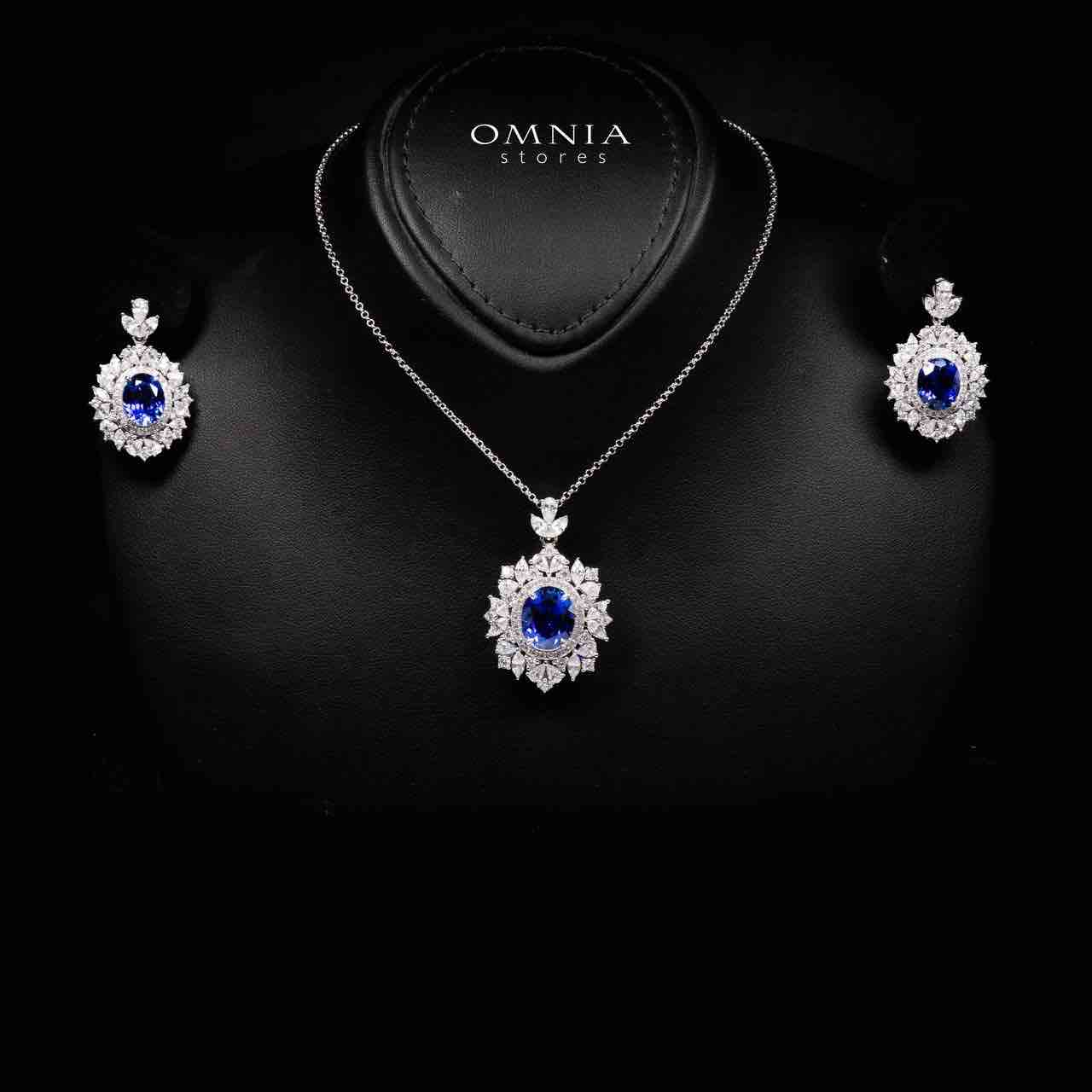 Omnia Esma Silver Necklace and Earrings Set in 925 Silver With High Quality GRC Certified Sapphire Blue Lab Grown Stones