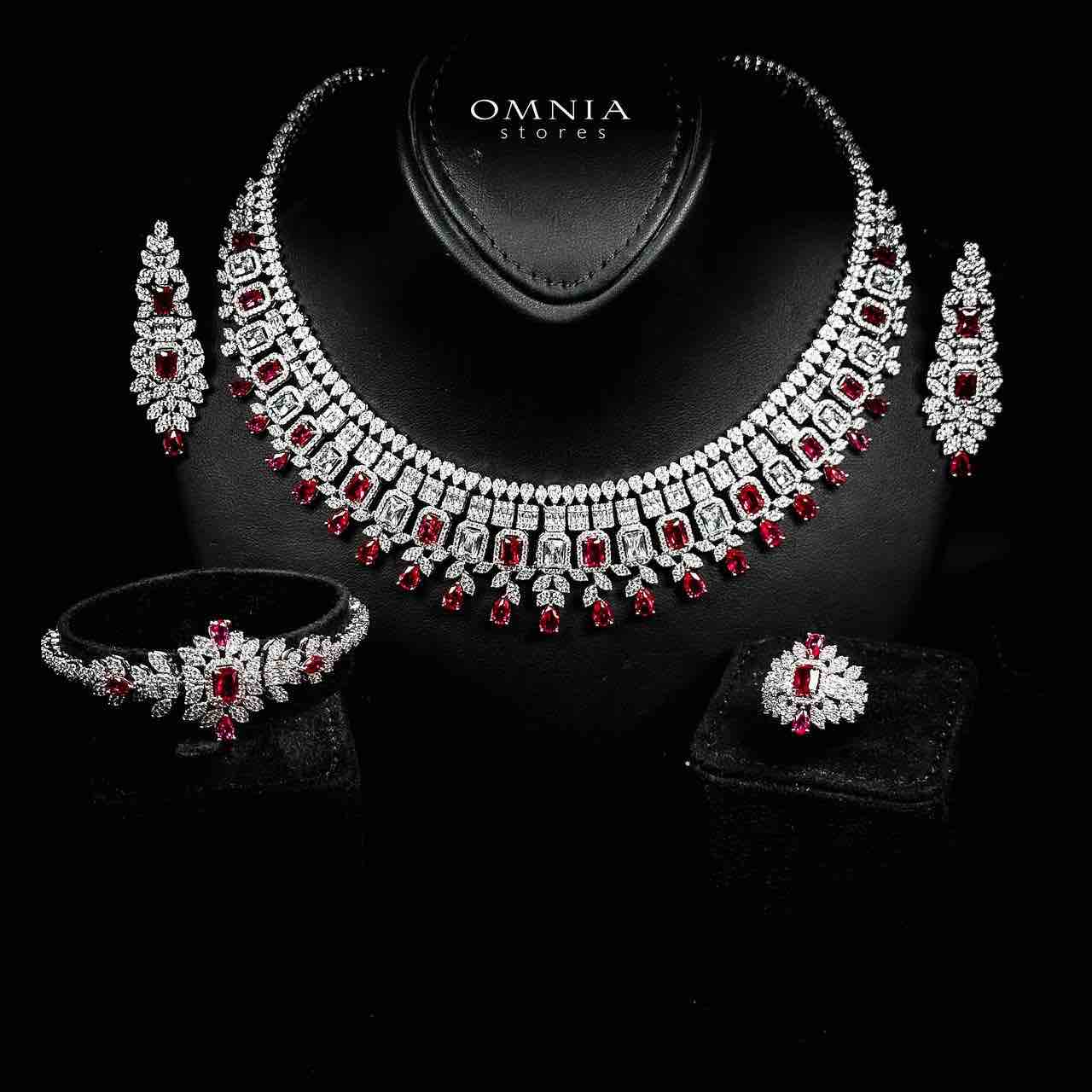 Omnia Kaila Red Luxury Bridal Full Set in High Quality Zircon Stone in Rhodium Plated