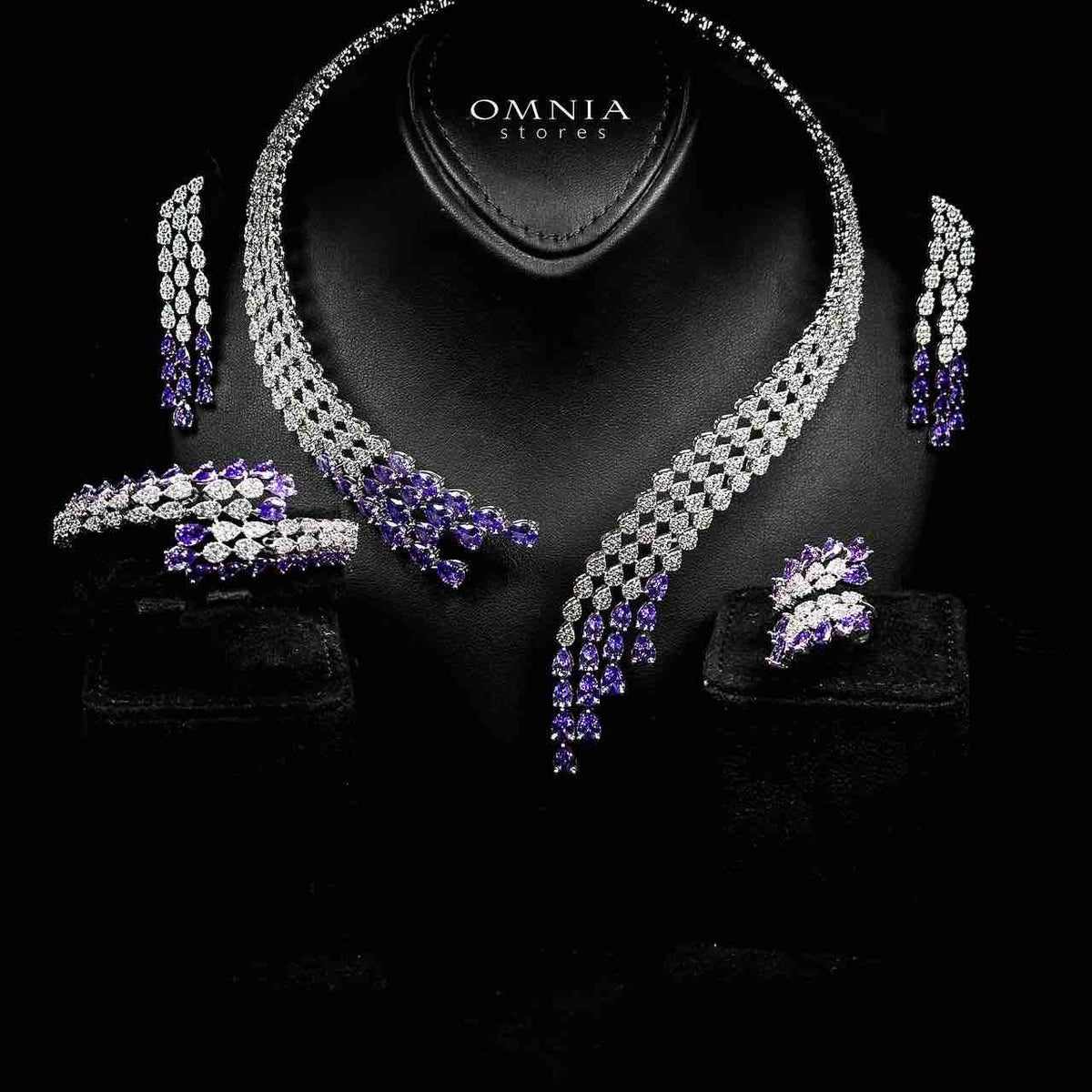 Omnia Amrah Luxury Bridal White and Purple Full Set in High Quality Zircon Stone Premium Rhodium Plated - OMNIASTORES UAE