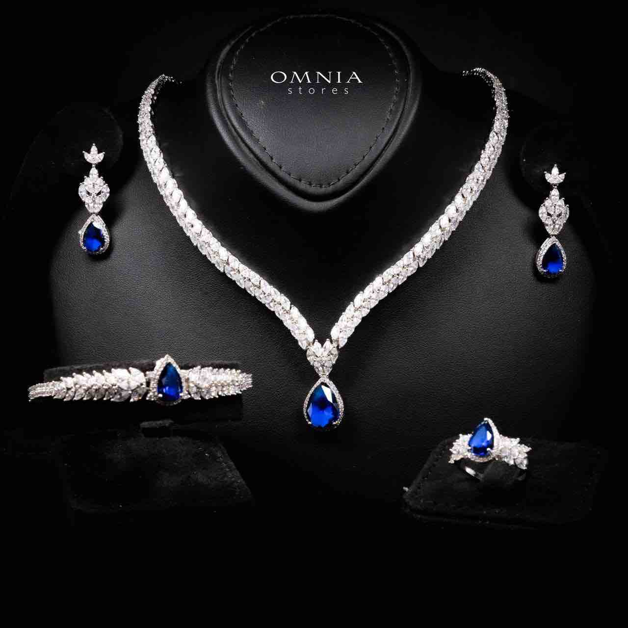Omnia Aamira Teardrop-Design Bridal Navy Blue Full Set with High-Quality Zircon Stones in Rhodium-Plated Finish