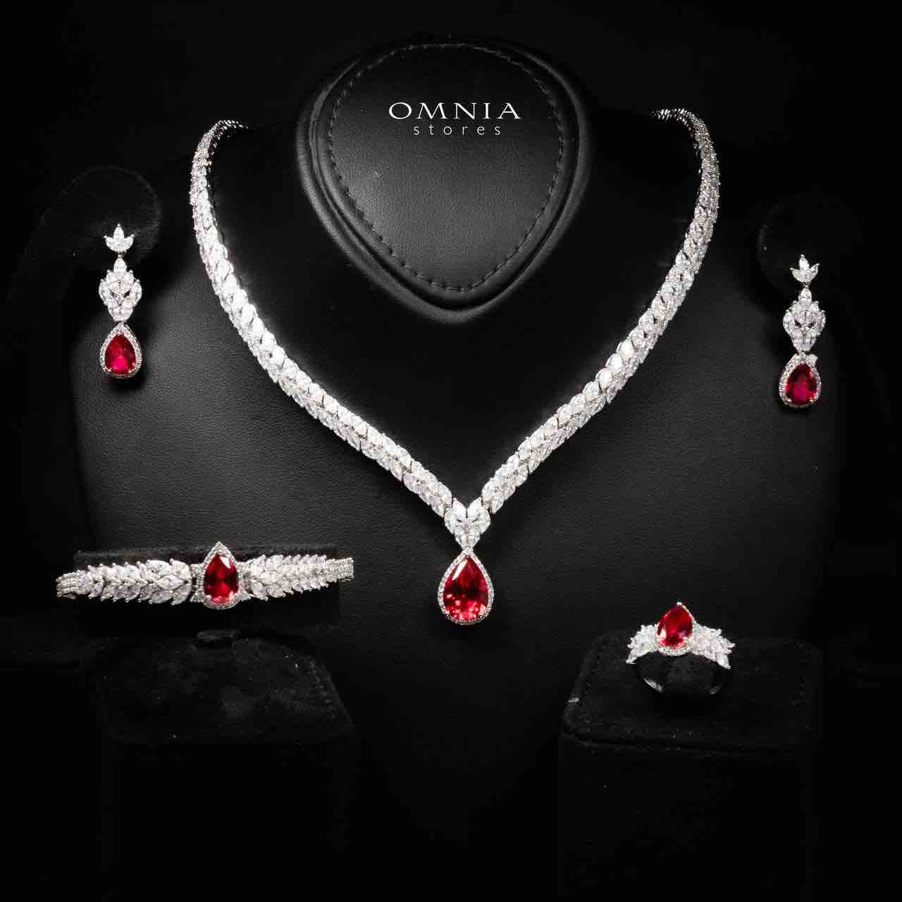 Omnia Aamira Teardrop-Design Bridal Red Full Set with High-Quality Zircon Stones in Rhodium-Plated Finish - OMNIASTORES KSA