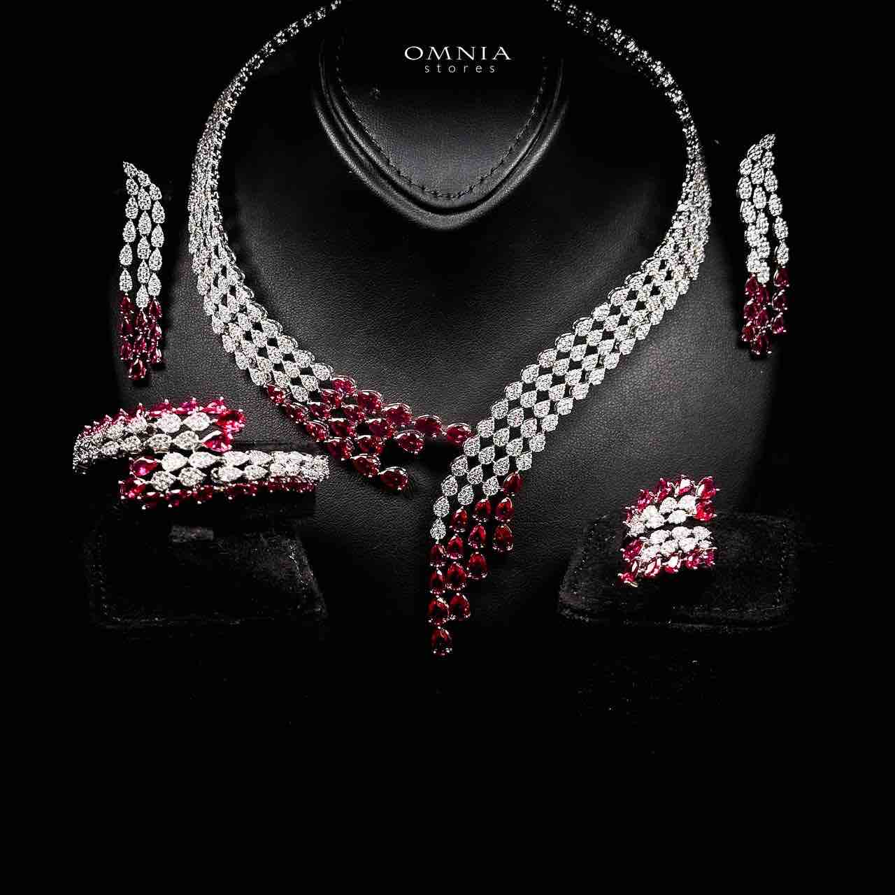Omnia Amrah Luxury Bridal Red Full Set in High Quality Zircon Stone Rhodium Plated - OMNIASTORES KSA