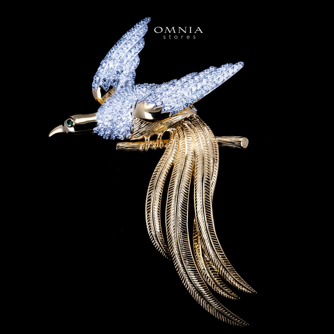 Omnia Aiman Silver and Gold Bird Brooch in 925 Silver High Quality Simulated Diamond Stones