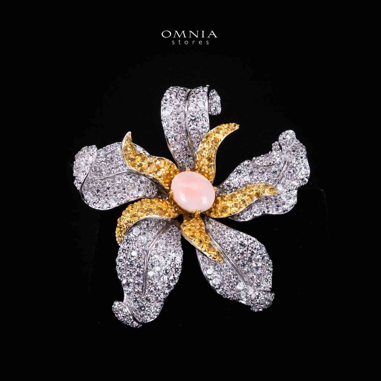 Omnia Afreen Gold Flower Brooch in 925 Silver High Quality Simulated Diamond Stones With Pink Coral - OMNIASTORES KSA