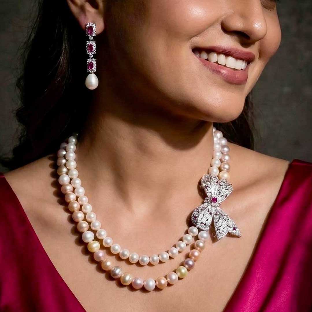 Omnia Arleth Multi-Color Real Pearl Set with Bow Accent and High-Quality Simulated Diamonds, Featuring a Double-Strand Design