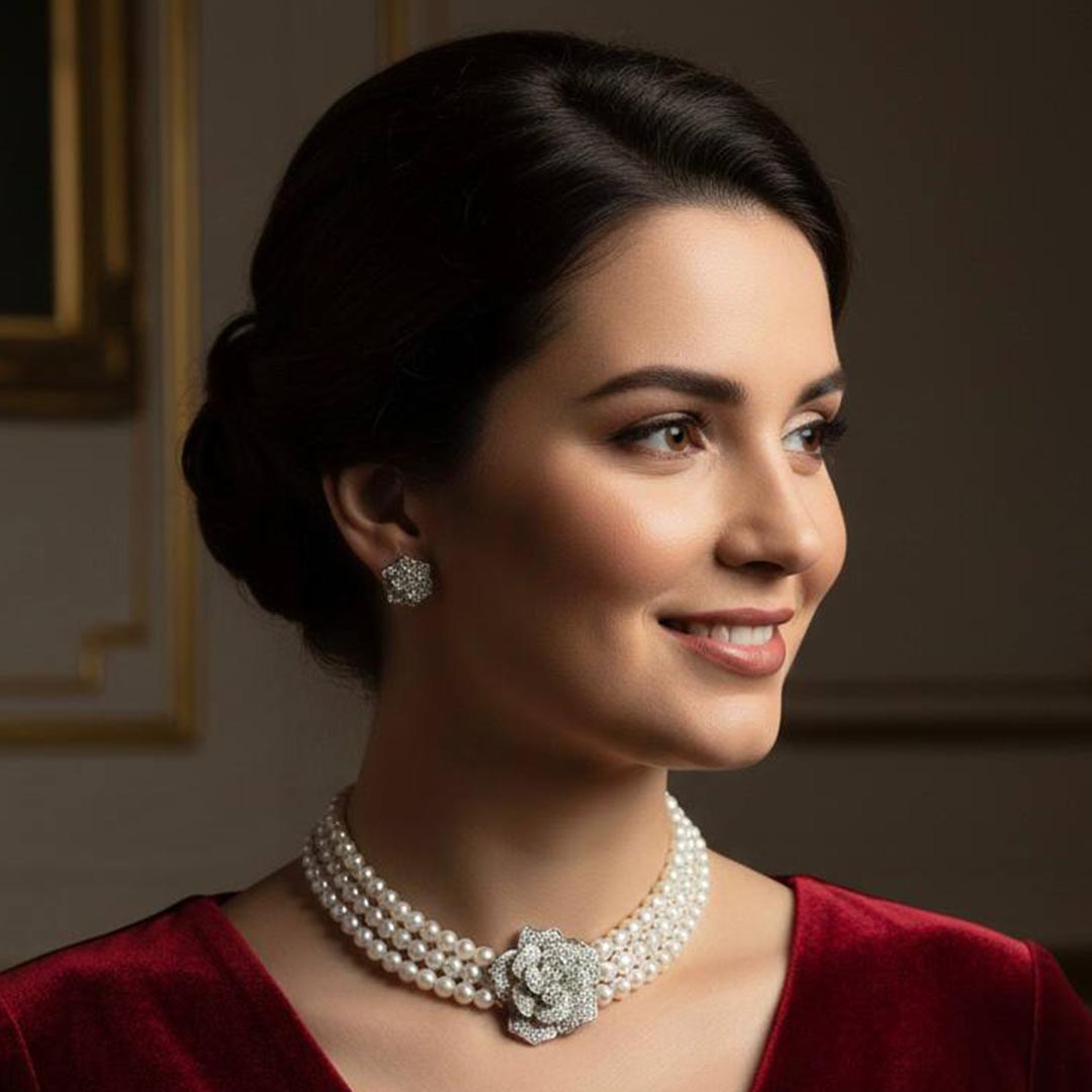 Omnia Nazira Silver Pearl Necklace and Flower Earrings in 925 Silver Accessories High Quality Simulated Diamonds - OMNIASTORES KSA