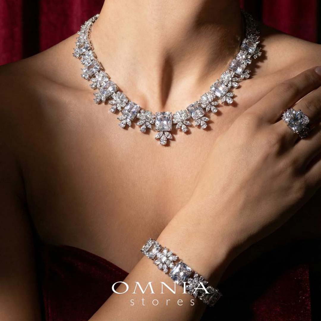 Omnia Charlotte Pure White Bridal Full Set with Emerald and Pear-Cut High-Quality Simulated Diamonds Rhodium Plated - OMNIASTORES KSA