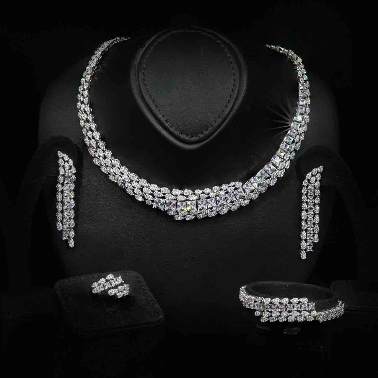 Omnia Trinity White Luxury Bridal Full Set in High Quality Zircon Stone in Rhodium Plated - OMNIASTORES KSA