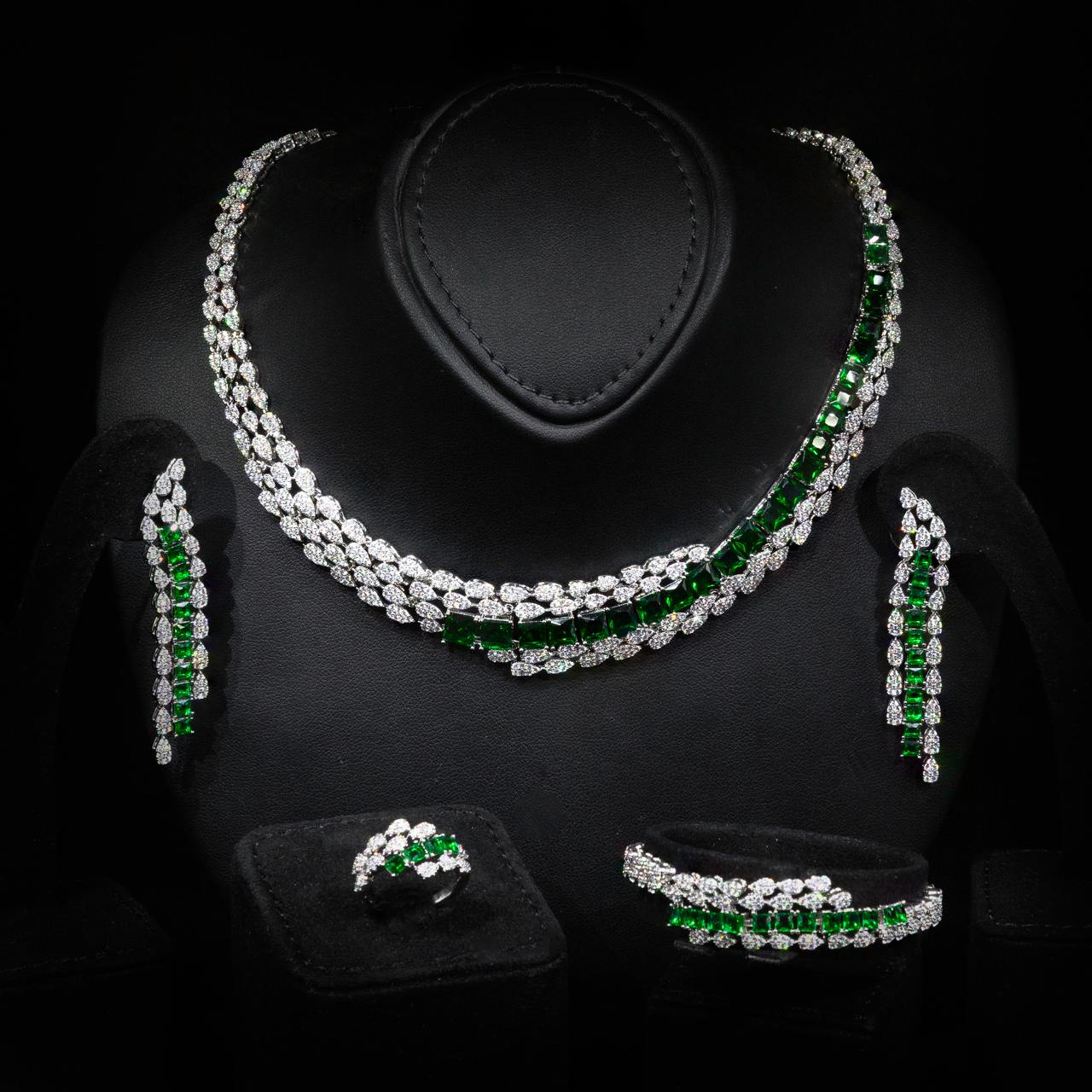 Omnia Trinity Green Luxury Bridal Full Set in High Quality Zircon Stone in Rhodium Plated - OMNIASTORES KSA