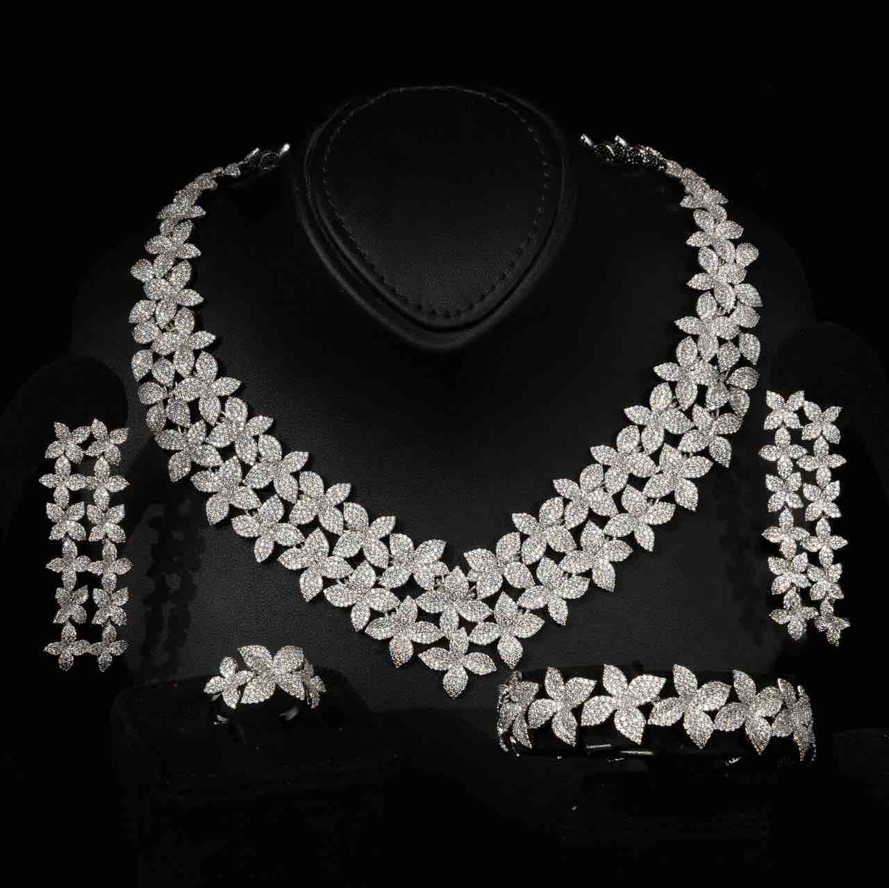 Omnia Nellie White Pearl Luxury Bridal Full Set in High Quality Rhodium Plated Zircon Stones - OMNIASTORES KSA