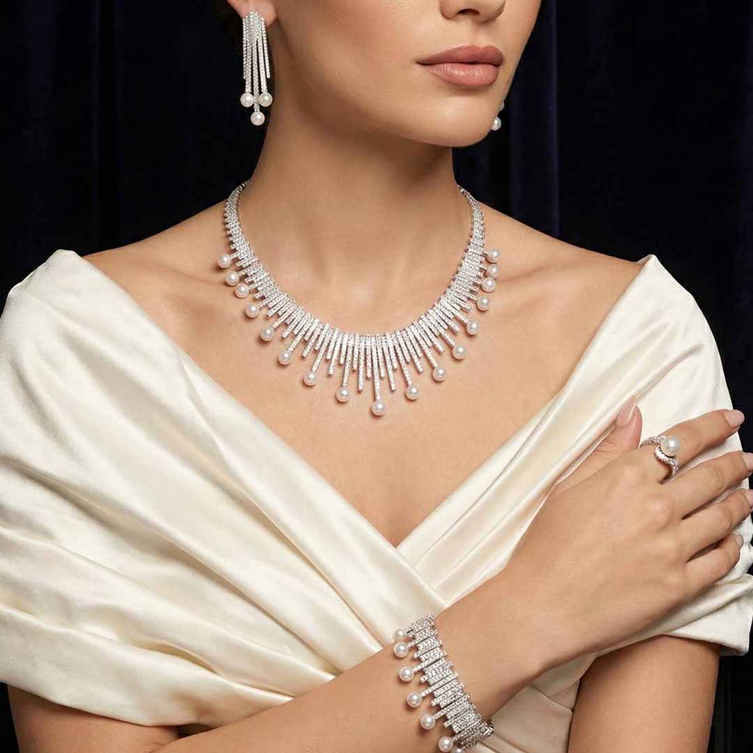 Omnia Ashley Pearl White Bridal Full Set in 925 Silver with High Quality Simulated Diamonds