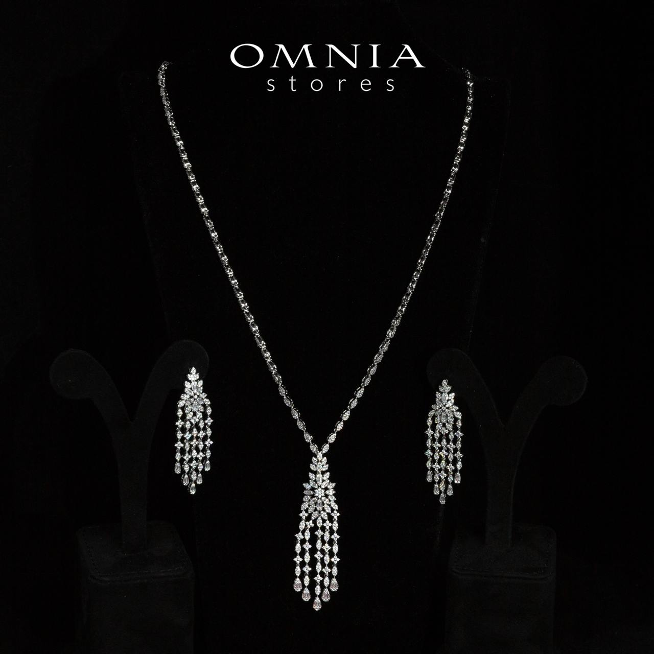 Omnia Nyra Luxury White Bridal Long Chain Necklace & Earrings Set in High Quality Zircon Stone Rhodium Plated