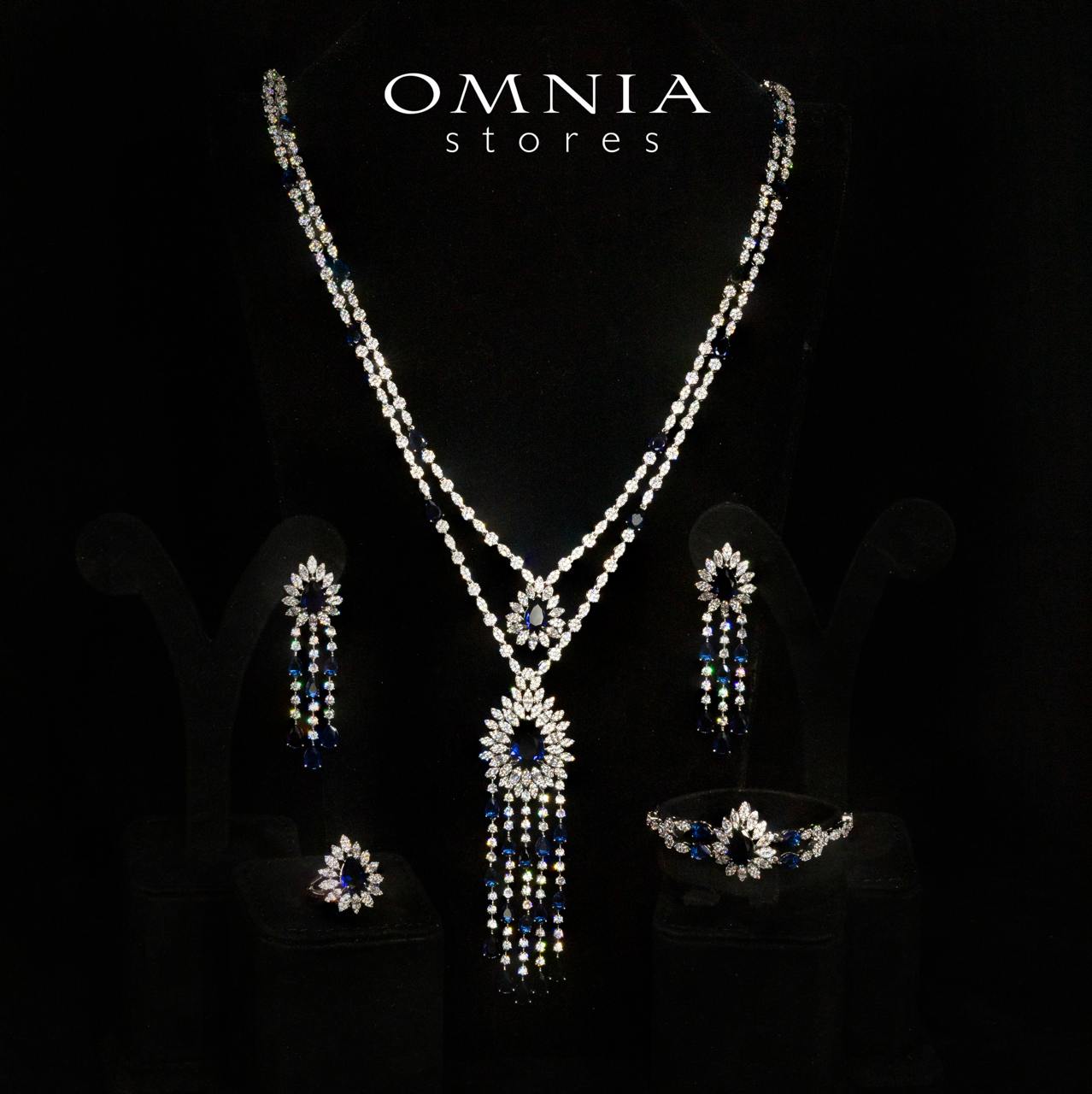 Omnia Alena Luxury Blue Bridal Long Chain Full Set in High Quality Zircon Stone Rhodium Plated
