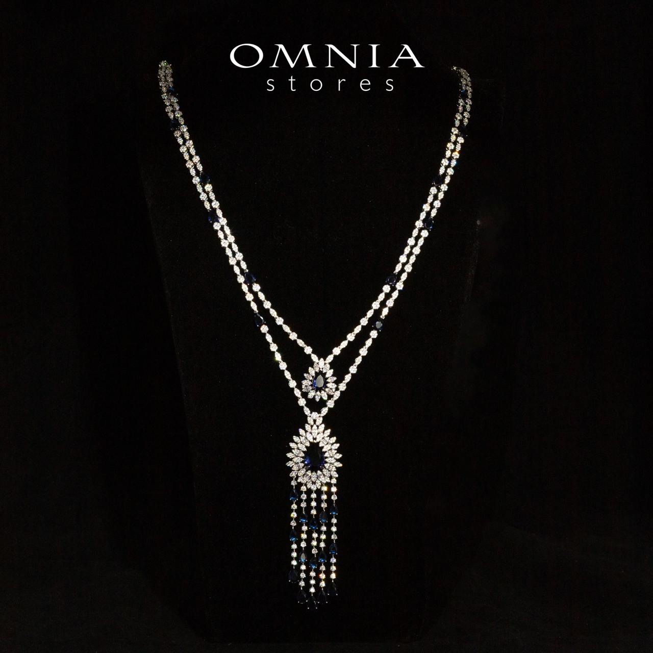 Omnia Alena Luxury Blue Bridal Long Chain Full Set in High Quality Zircon Stone Rhodium Plated