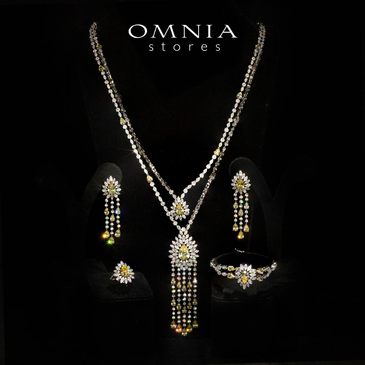 Omnia Alena Luxury Yellow Bridal Long Chain Full Set in High Quality Zircon Stone Rhodium Plated