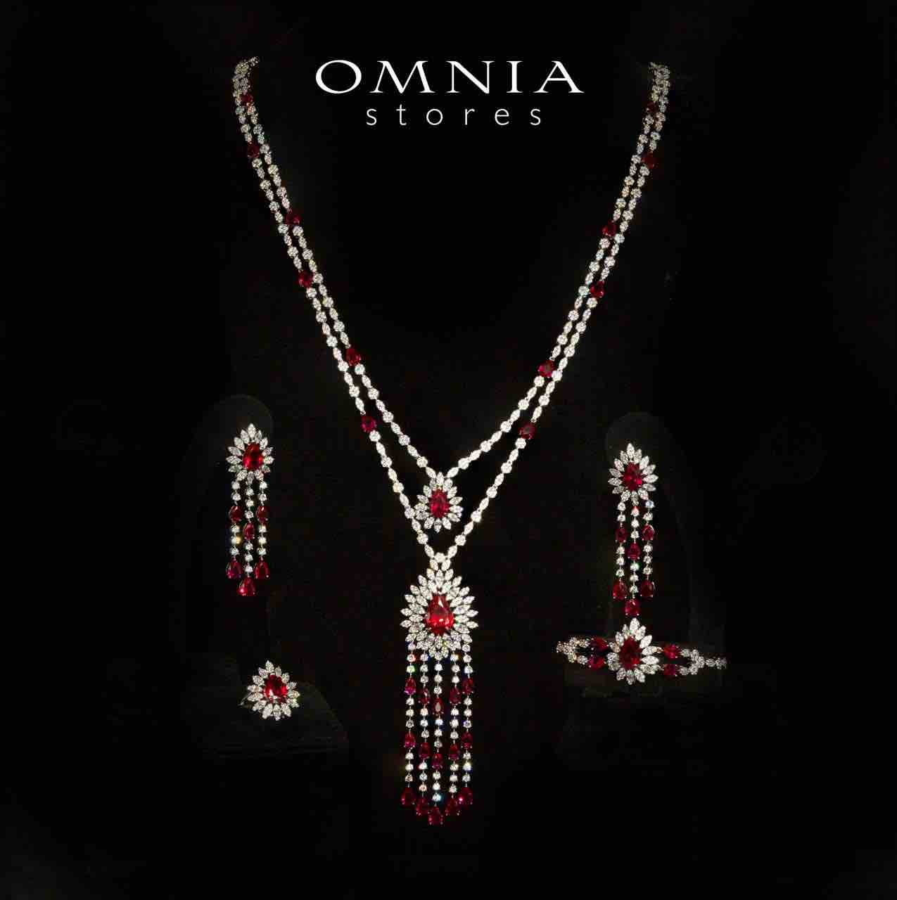 Omnia Alena Luxury Red Bridal Long Chain Full Set in High Quality Zircon Stone Rhodium Plated