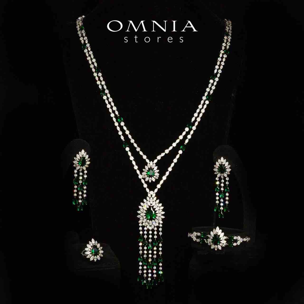 Omnia Alena Luxury Green Bridal Long Chain Full Set in High Quality Zircon Stone Rhodium Plated - OMNIASTORES KSA