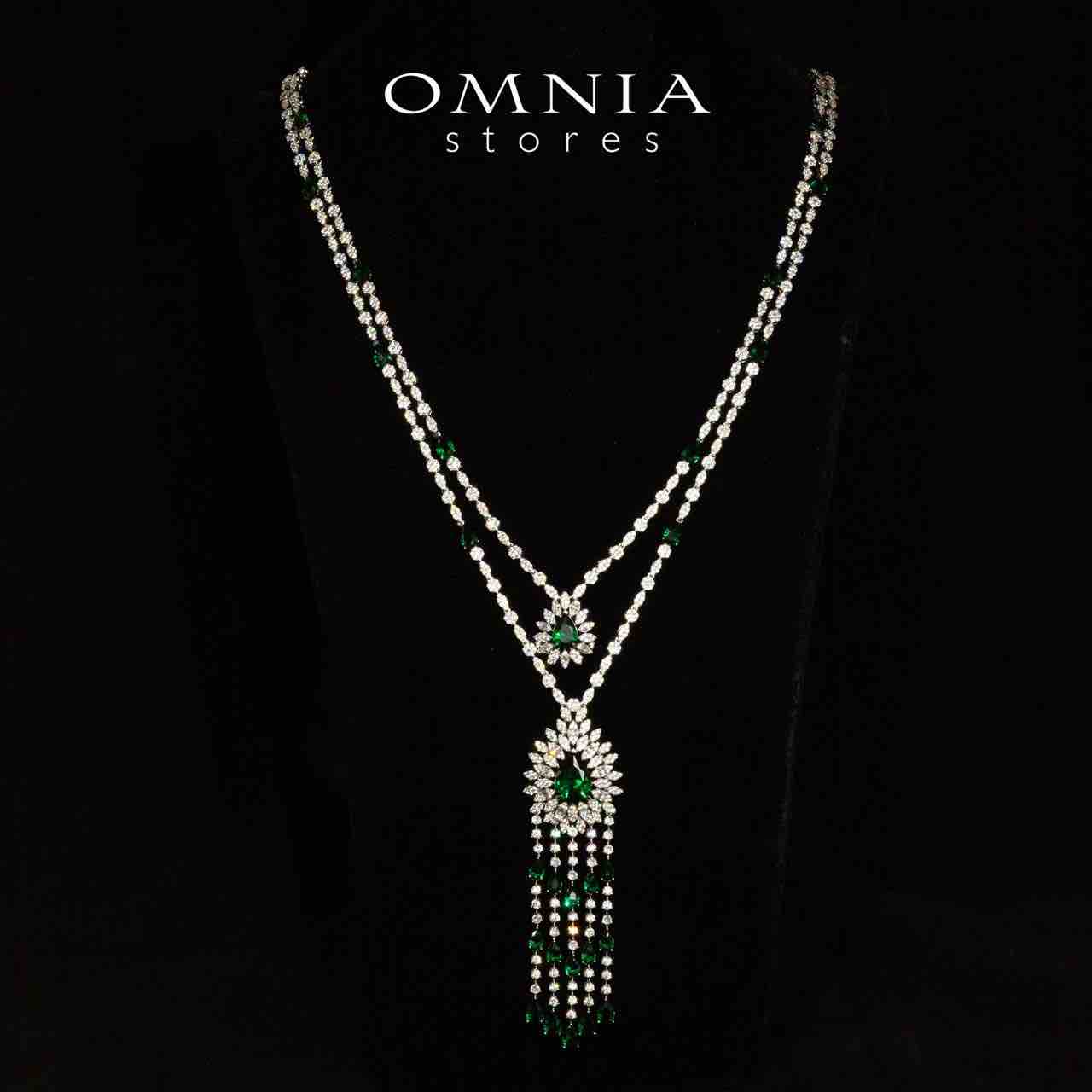 Omnia Alena Luxury Green Bridal Long Chain Full Set in High Quality Zircon Stone Rhodium Plated - OMNIASTORES KSA