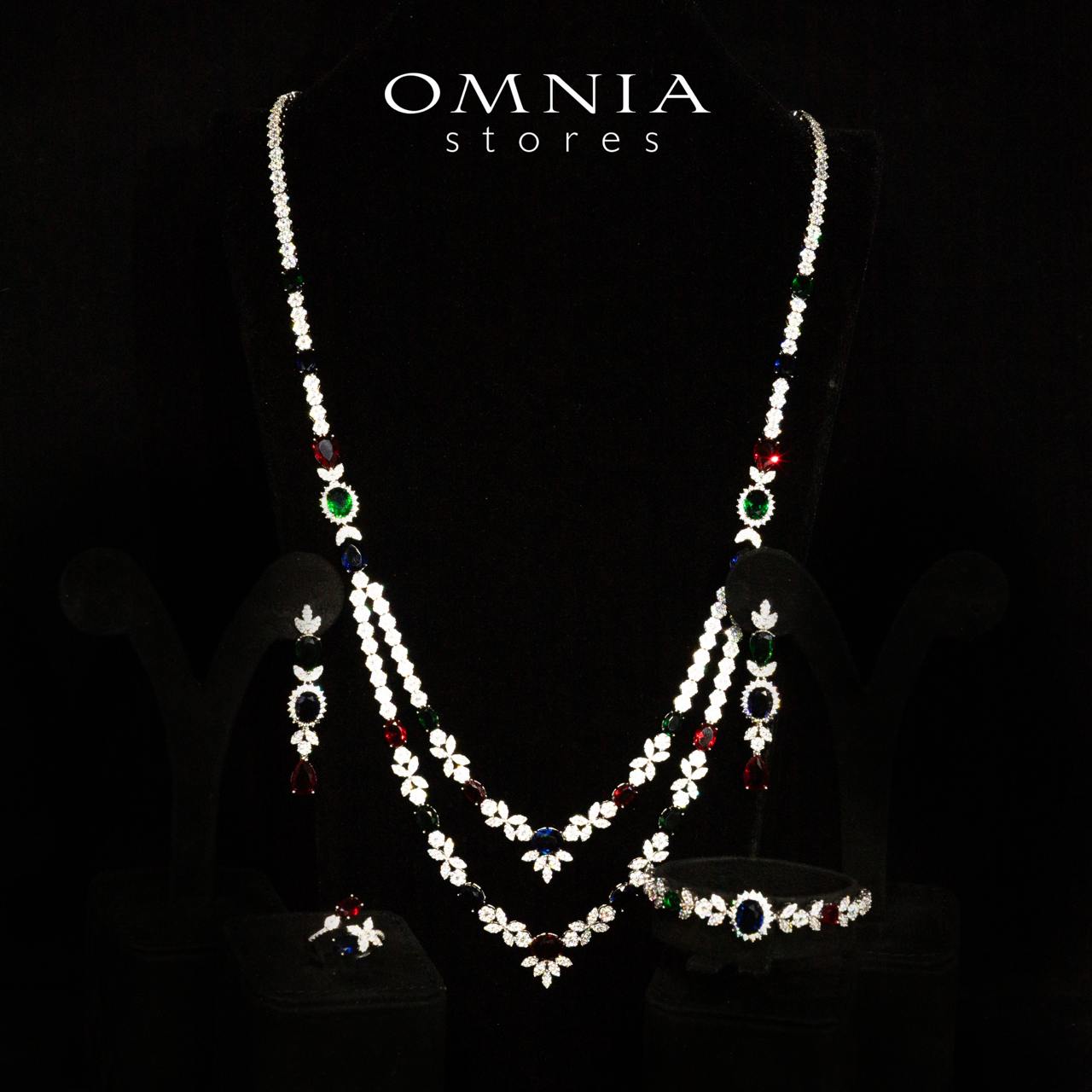 Omnia Jade Red, Green and Blue Bridal Long Chain Set Accessories in High Quality Zircon Stone Rhodium Plated