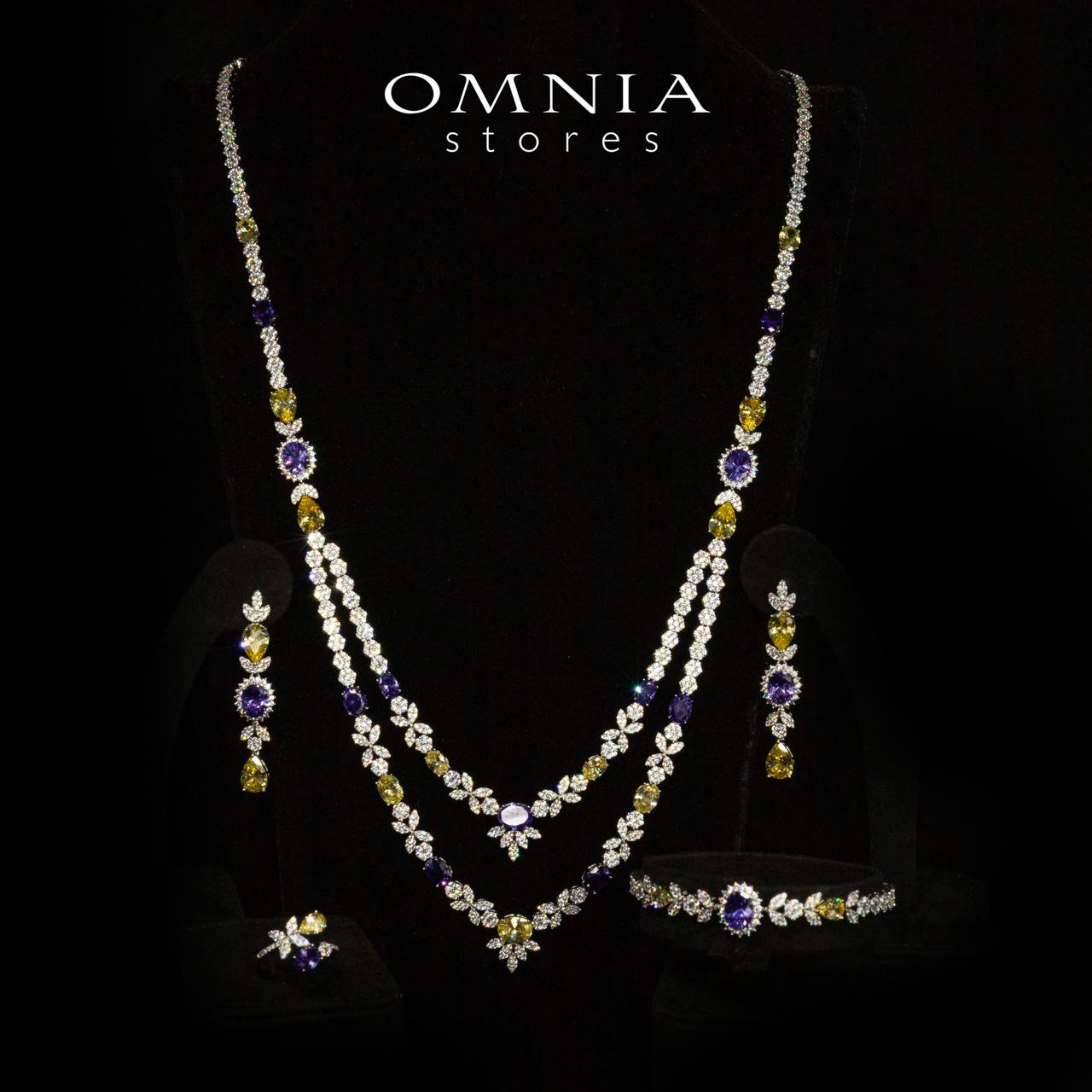 Omnia Jade Yellow and Purple Bridal Long Chain Set Accessories in High Quality Zircon Stone Rhodium Plated - OMNIASTORES KSA