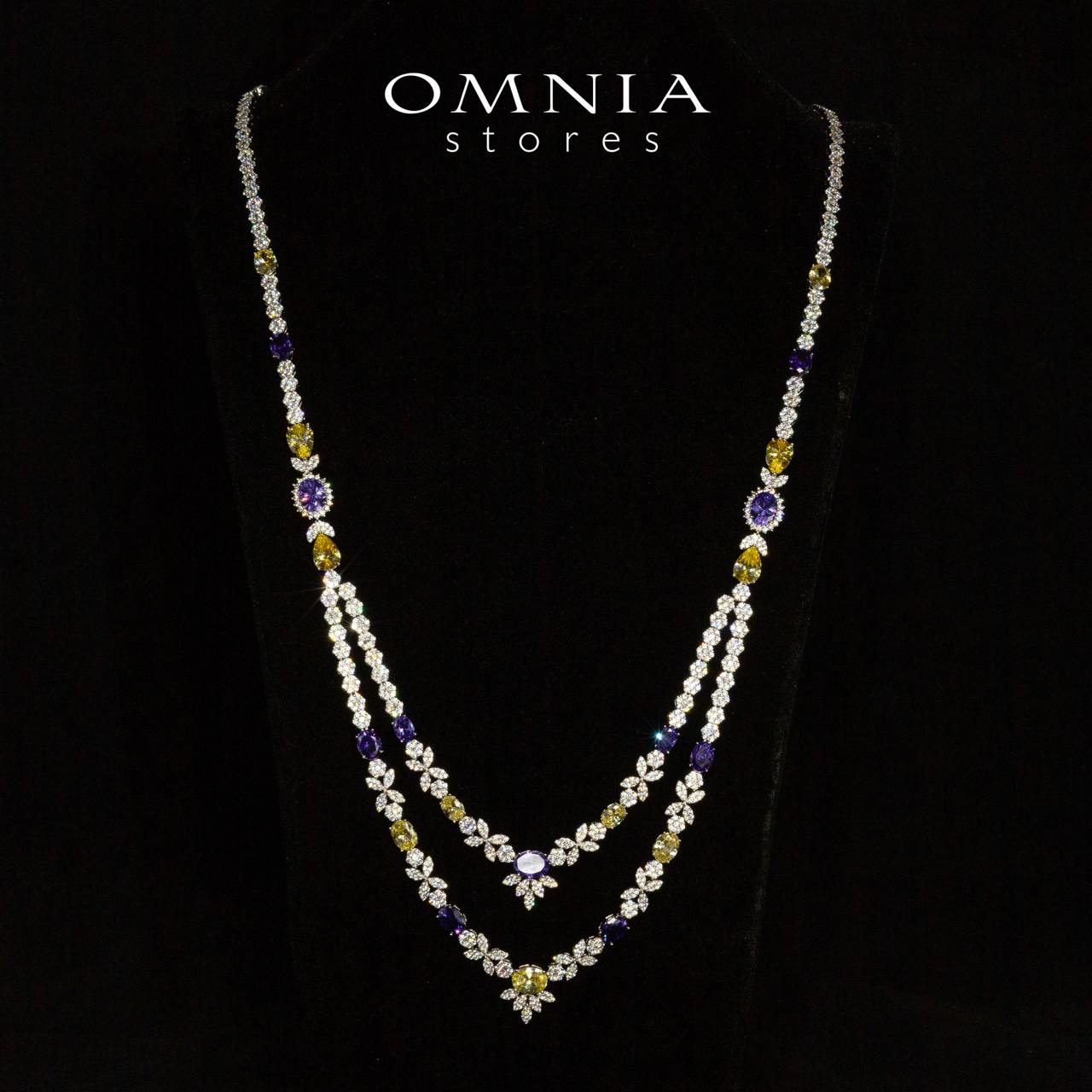 Omnia Jade Yellow and Purple Bridal Long Chain Set Accessories in High Quality Zircon Stone Rhodium Plated - OMNIASTORES UAE