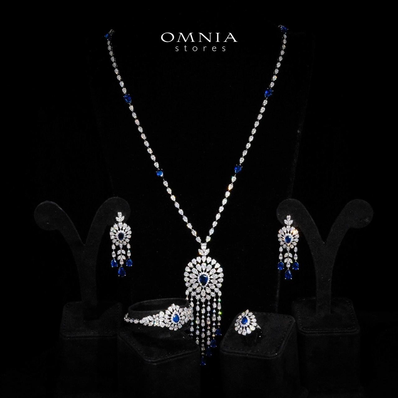 Omnia Lisa Blue Luxury Bridal Long Chain Full Set in High Quality Zircon Stone Rhodium Plated