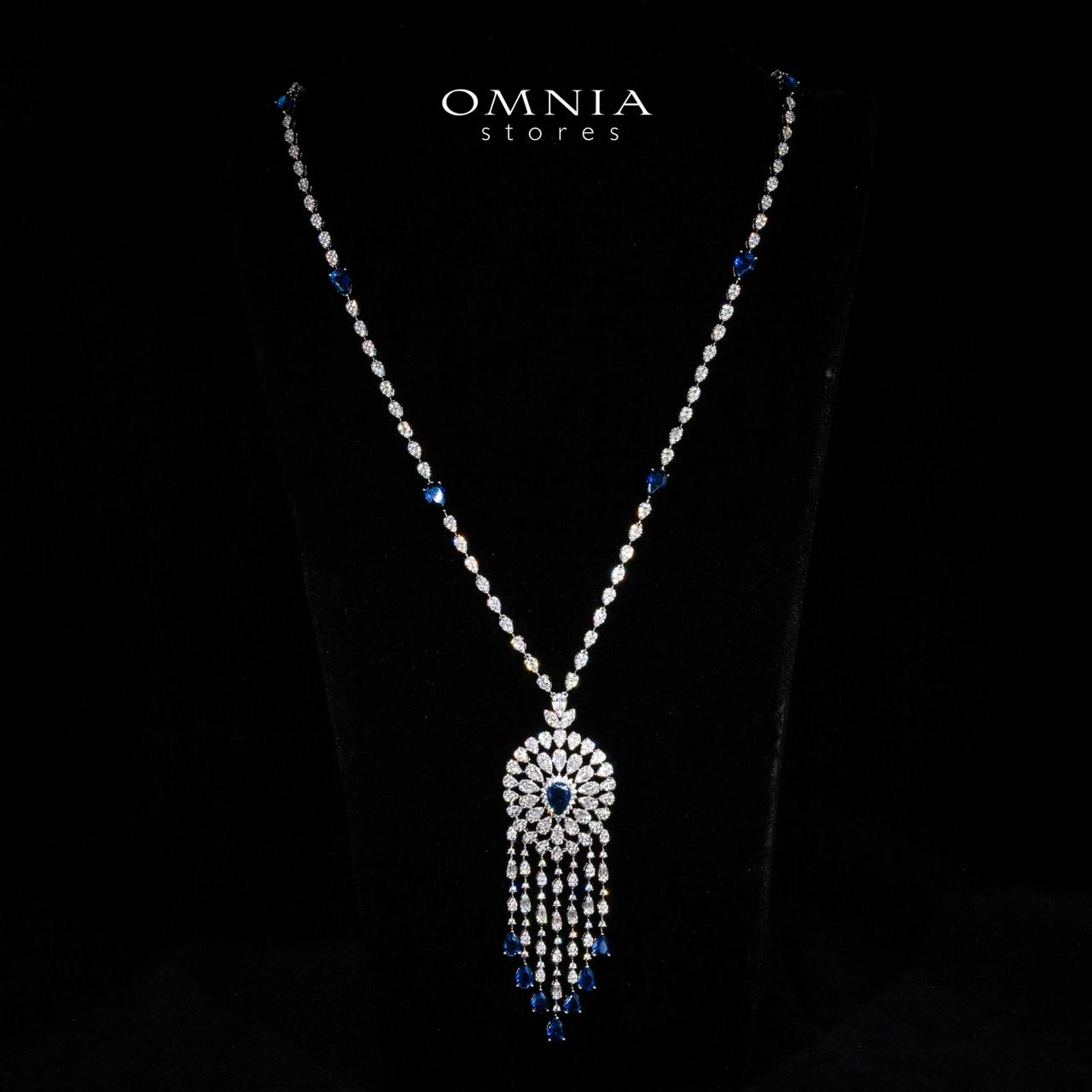 Omnia Lisa Blue Luxury Bridal Long Chain Full Set in High Quality Zircon Stone Rhodium Plated