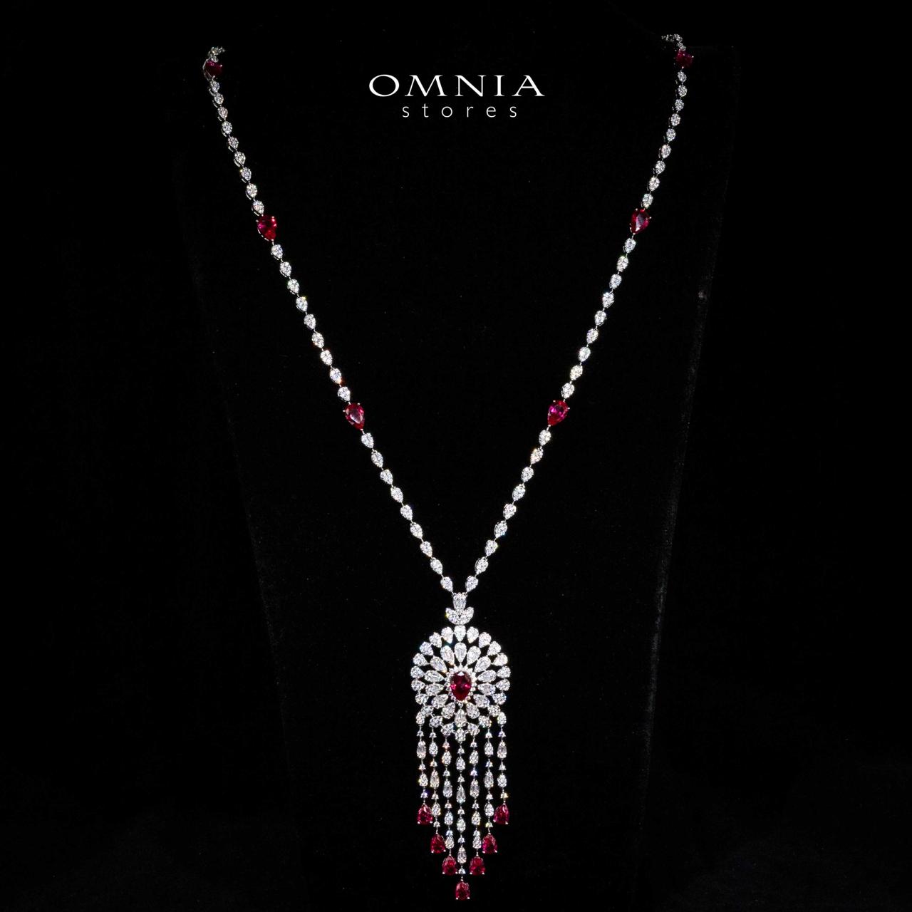 Omnia Lisa Red Luxury Bridal Long Chain Full Set in High Quality Zircon Stone Rhodium Plated