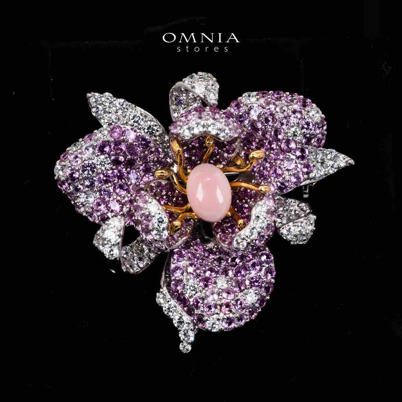 Omnia Sia Pink Coral Floral Brooch in 925 Silver High Quality Purple and White Simulated Diamonds