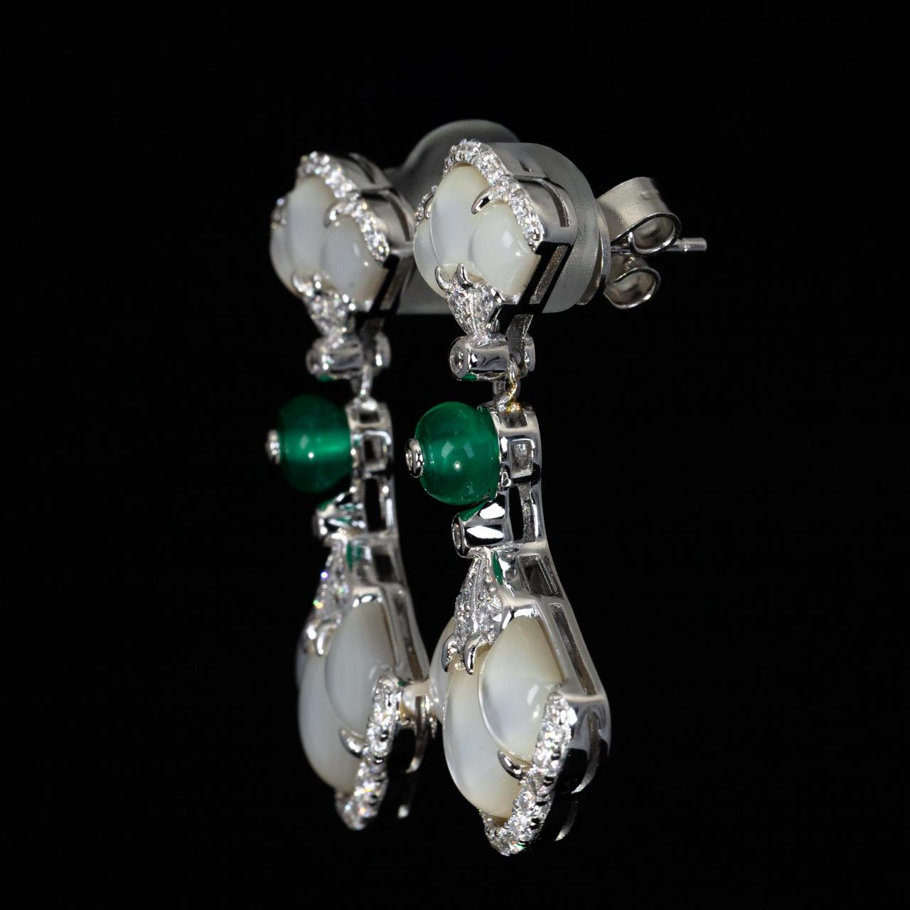 Omnia Alita White and Green Drop Earrings With High Quality Simulated Diamonds In 925 Silver