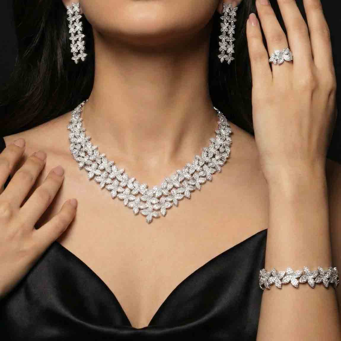Omnia Nellie White Pearl Luxury Bridal Full Set in High Quality Zircon Stone Premium Rhodium Plated - OMNIASTORES UAE
