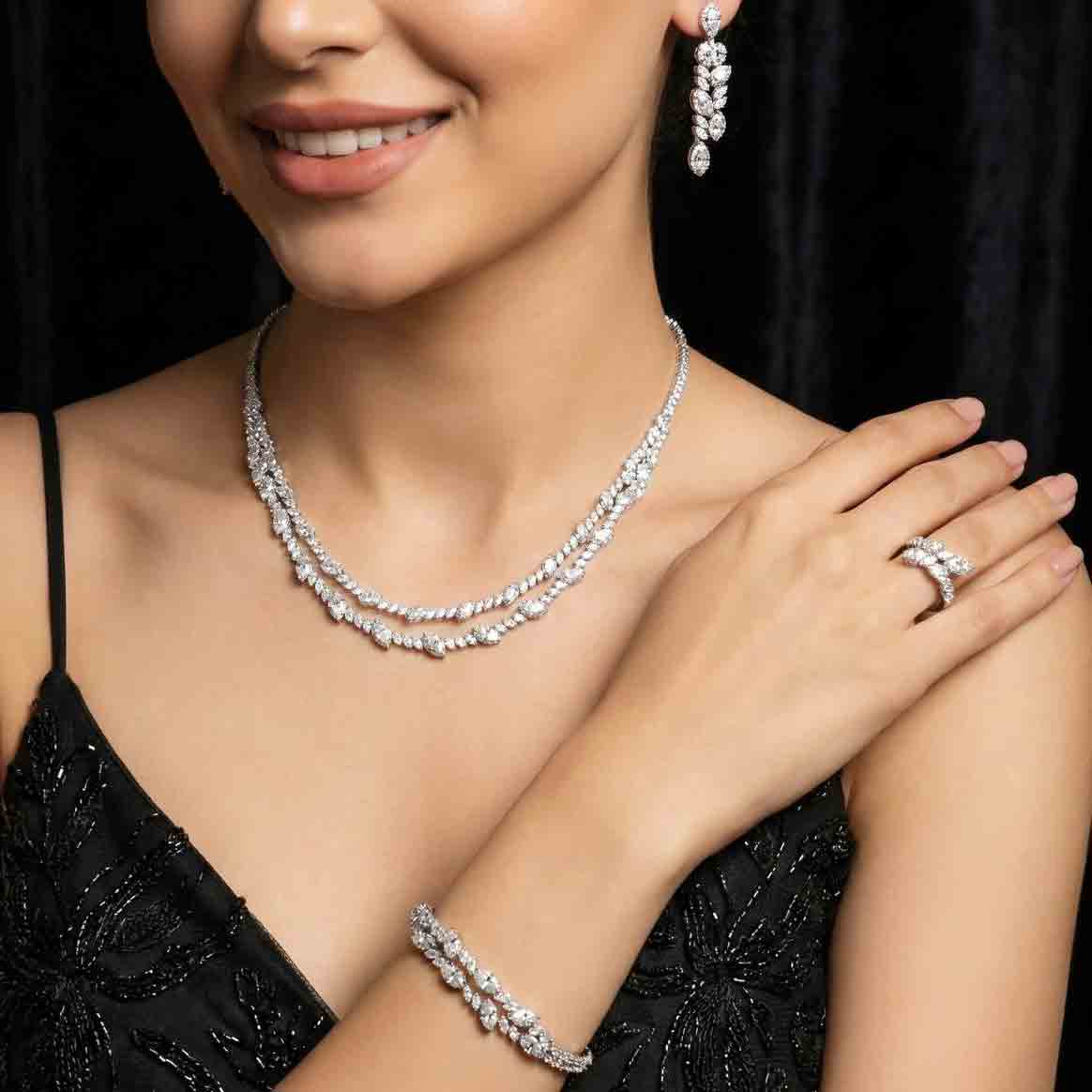 Omnia Nada White Bridal Full Set in High Quality Zircon Stone Rhodium Plated - OMNIASTORES KSA