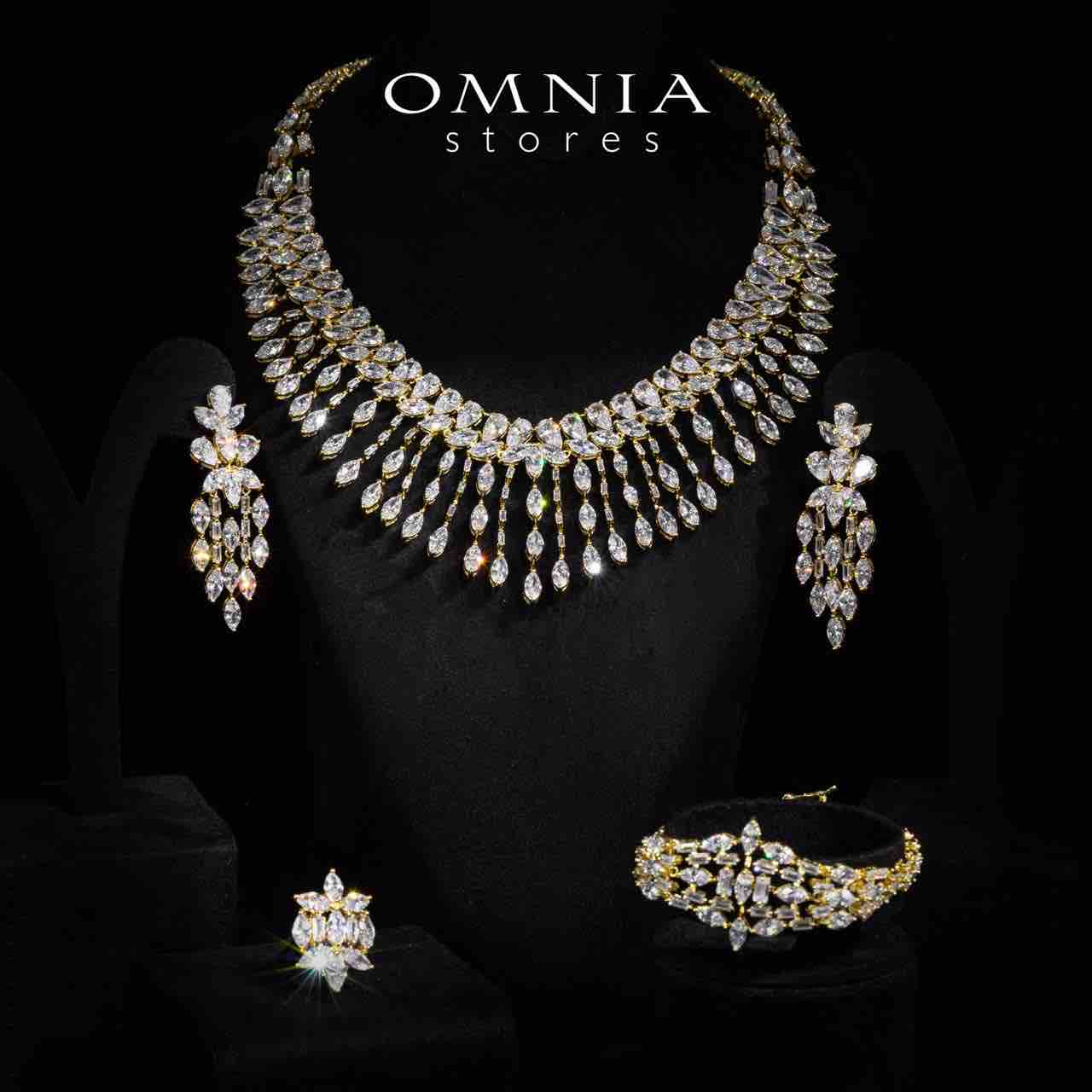 Omnia Soheila Gold Luxury Bridal Full Set with Emerald and Pear-Cut High-Quality Simulated Diamonds Rhodium Plated - OMNIASTORES KSA