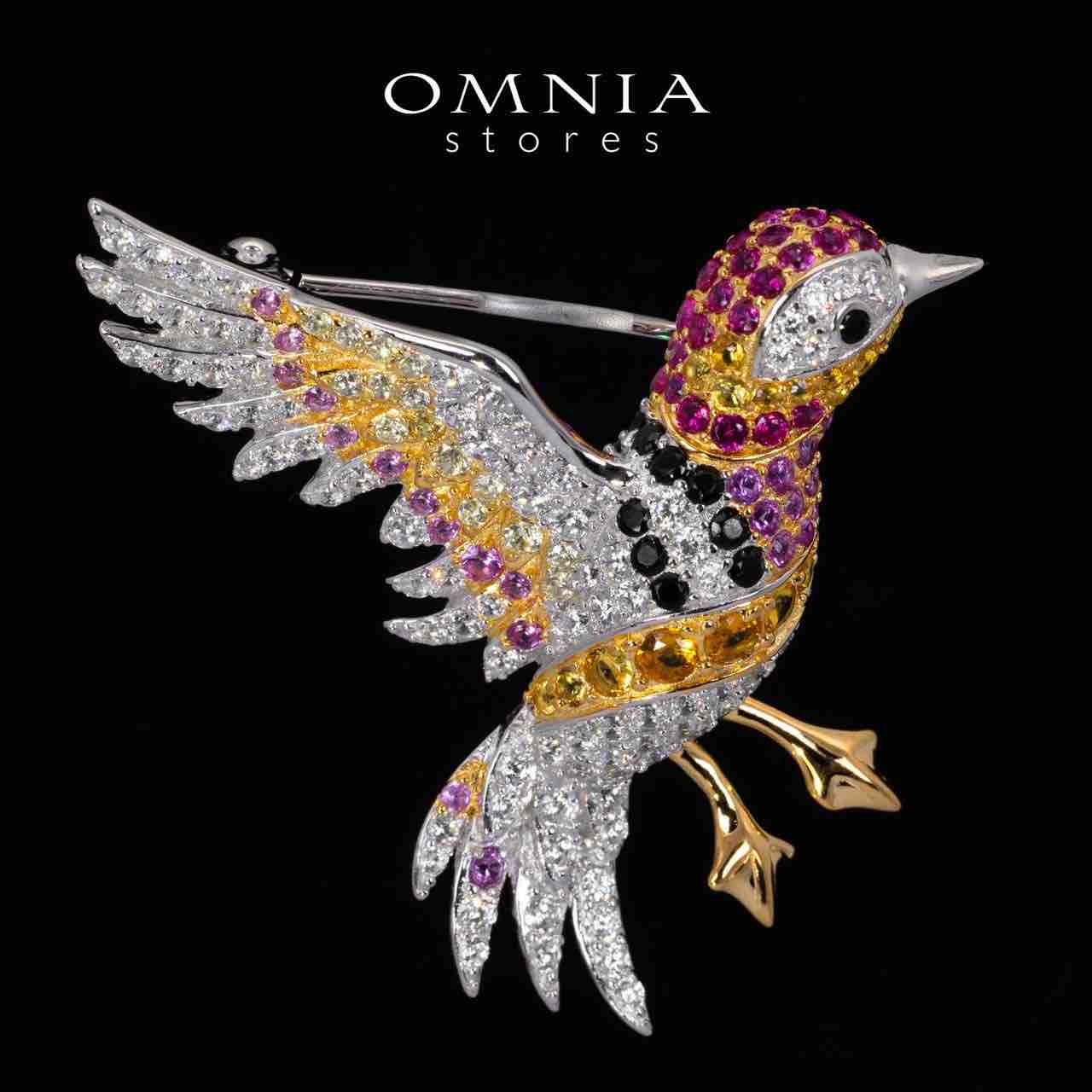 Omnia Zena Multicolor Brid Design Brooch With High Quality Simulated Diamonds in 925 Silver - OMNIASTORES KSA