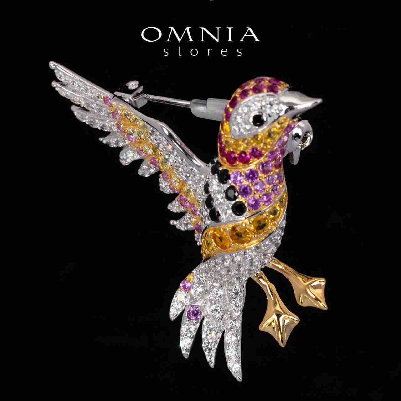 Omnia Zena Multicolor Brid Design Brooch With High Quality Simulated Diamonds in 925 Silver - OMNIASTORES KSA