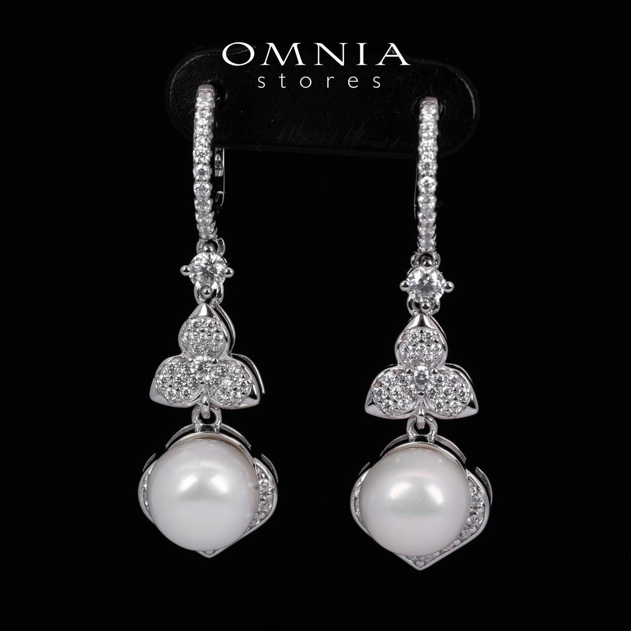 Omnia Ameena White Fresh Real Pearl Drop Earrings With High Quality Simulated Diamonds in 925 Silver - OMNIASTORES KSA
